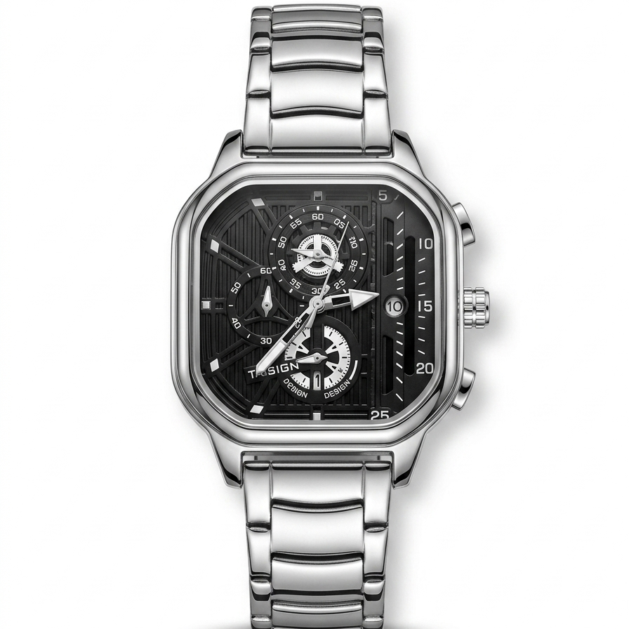 Mens square chronograph watch with black dial and silver metal bracelet