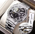 Weiguan skeleton semi-automatic men's watch silver stainless steel with open-heart black dial and luminous hands