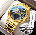 Weiguan skeleton semi-automatic men's watch gold with black skeleton dial, blue accents and luminous hands