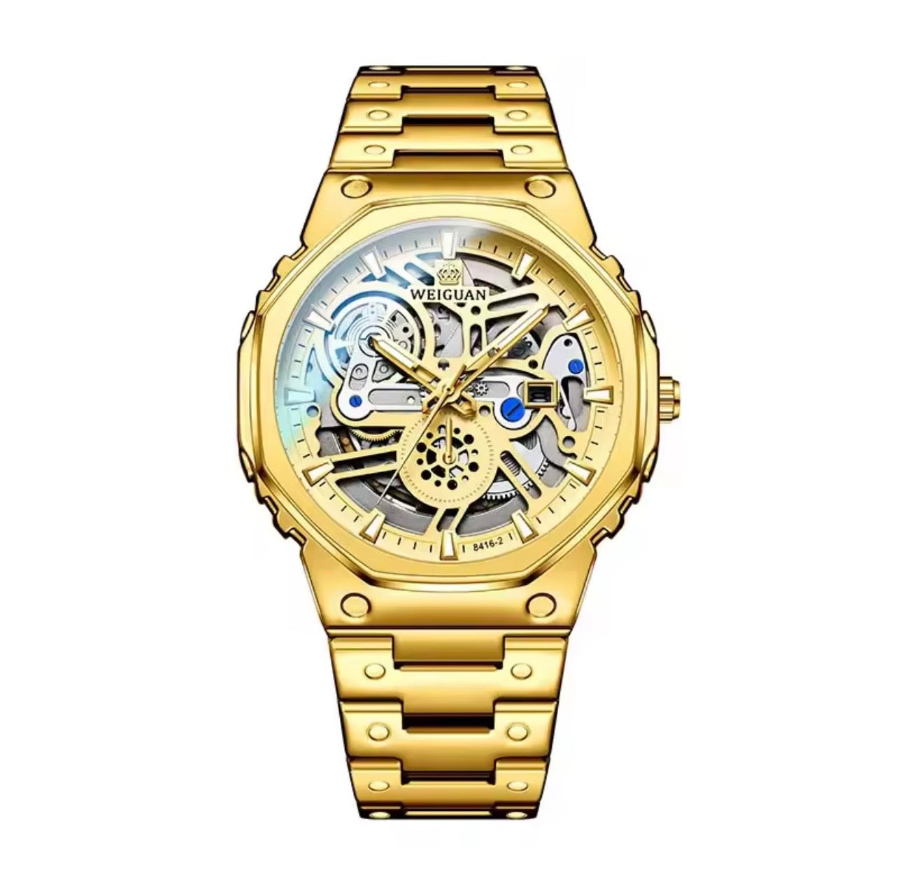 Men's gold skeleton watch with open-work face and gold metal bracelet