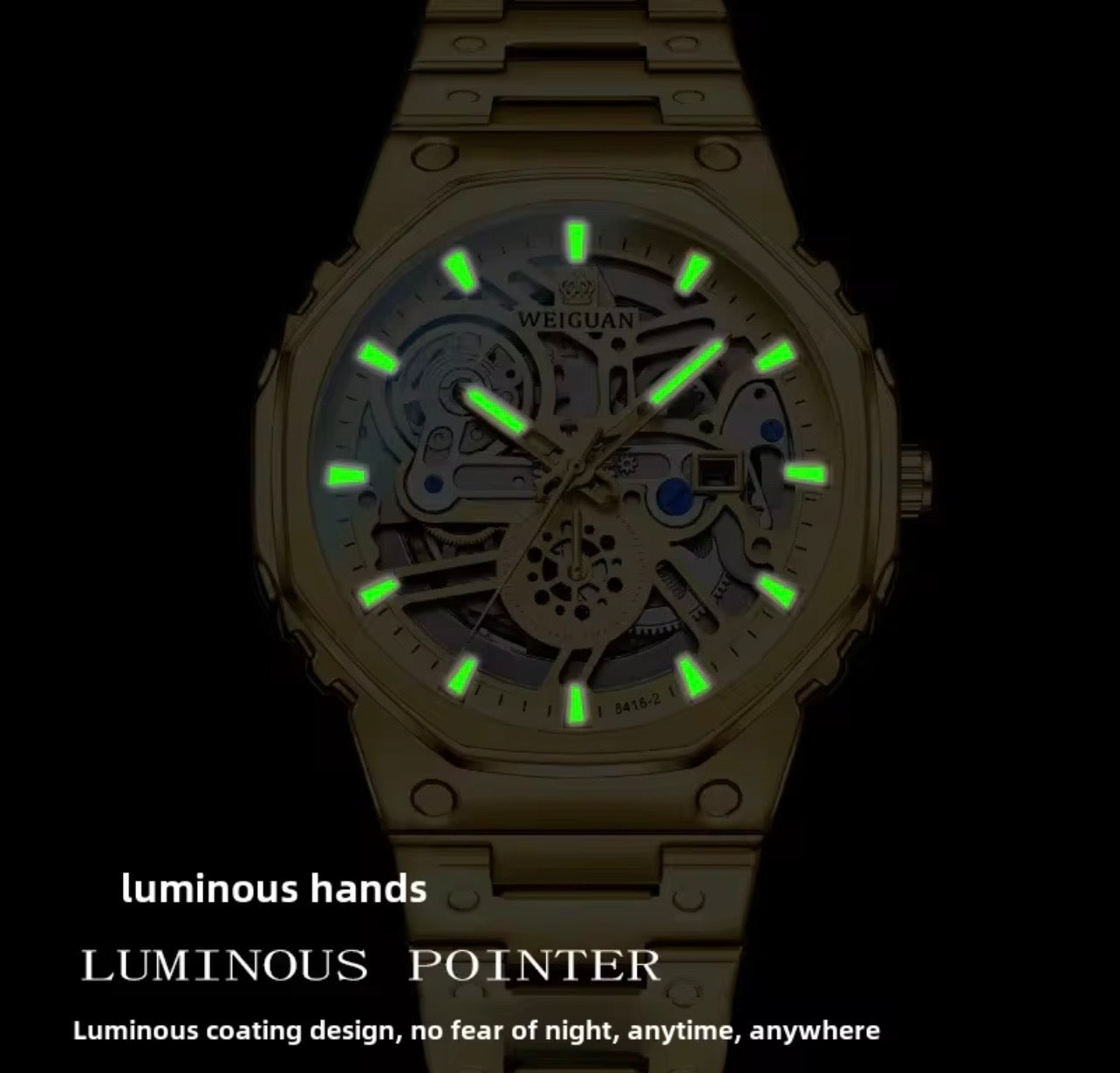 Men's skeleton watch with glowing green hands and luminescent open-work dial