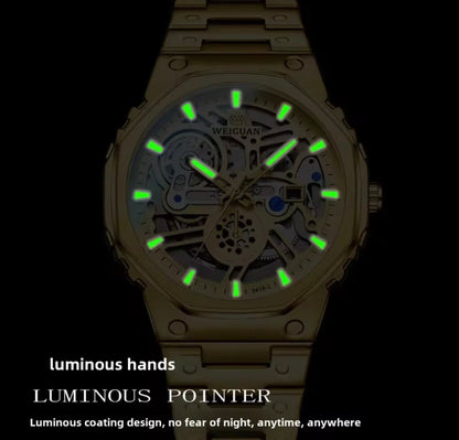 Men's skeleton watch with glowing green hands and luminescent open-work dial
