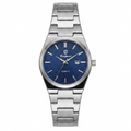 Stainless steel quartz wristwatch with blue dial and metal link bracelet