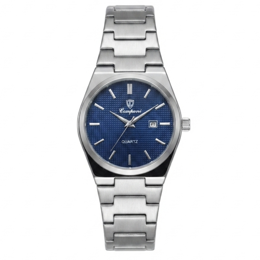 Stainless steel quartz wristwatch with blue dial and metal link bracelet