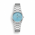 Stainless steel quartz wristwatch with light blue dial and metal link bracelet