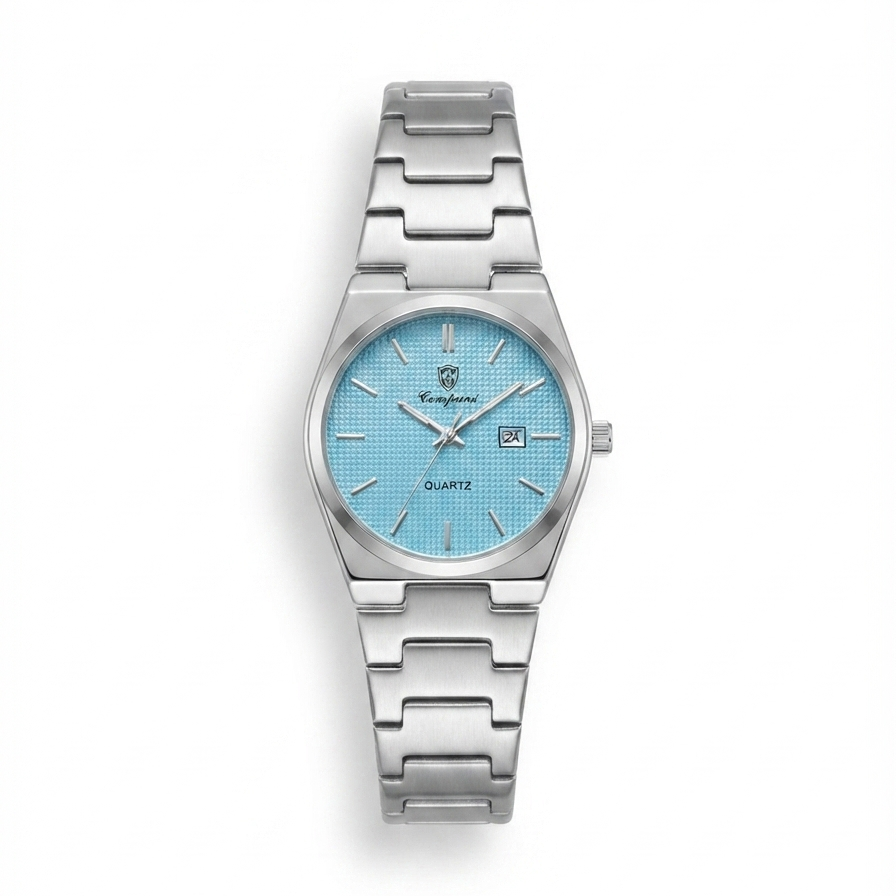 Stainless steel quartz wristwatch with light blue dial and metal link bracelet