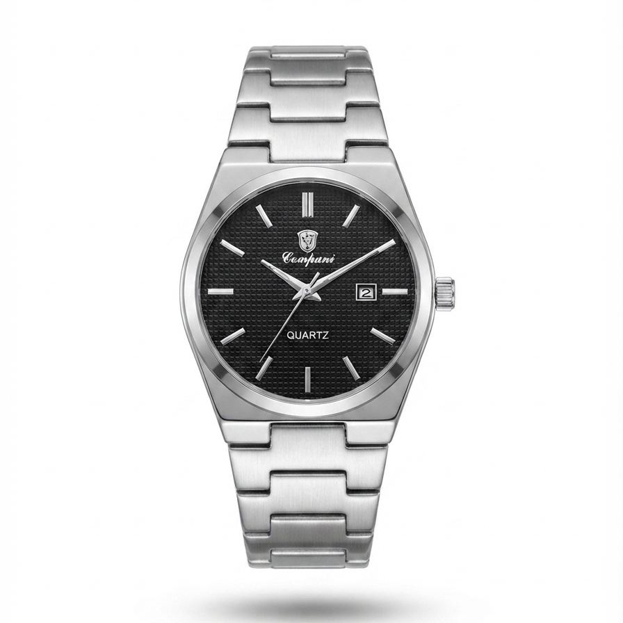 Stainless steel quartz wristwatch with black dial and metal link bracelet