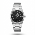 Stainless steel quartz wristwatch with black dial and metal link bracelet