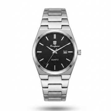 Stainless steel quartz wristwatch with black dial and metal link bracelet