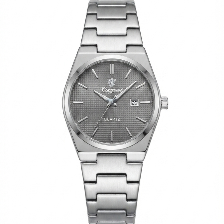 Stainless steel quartz wristwatch with dark gray dial and metal link bracelet