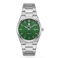 Stainless steel quartz wristwatch with green dial and metal link bracelet
