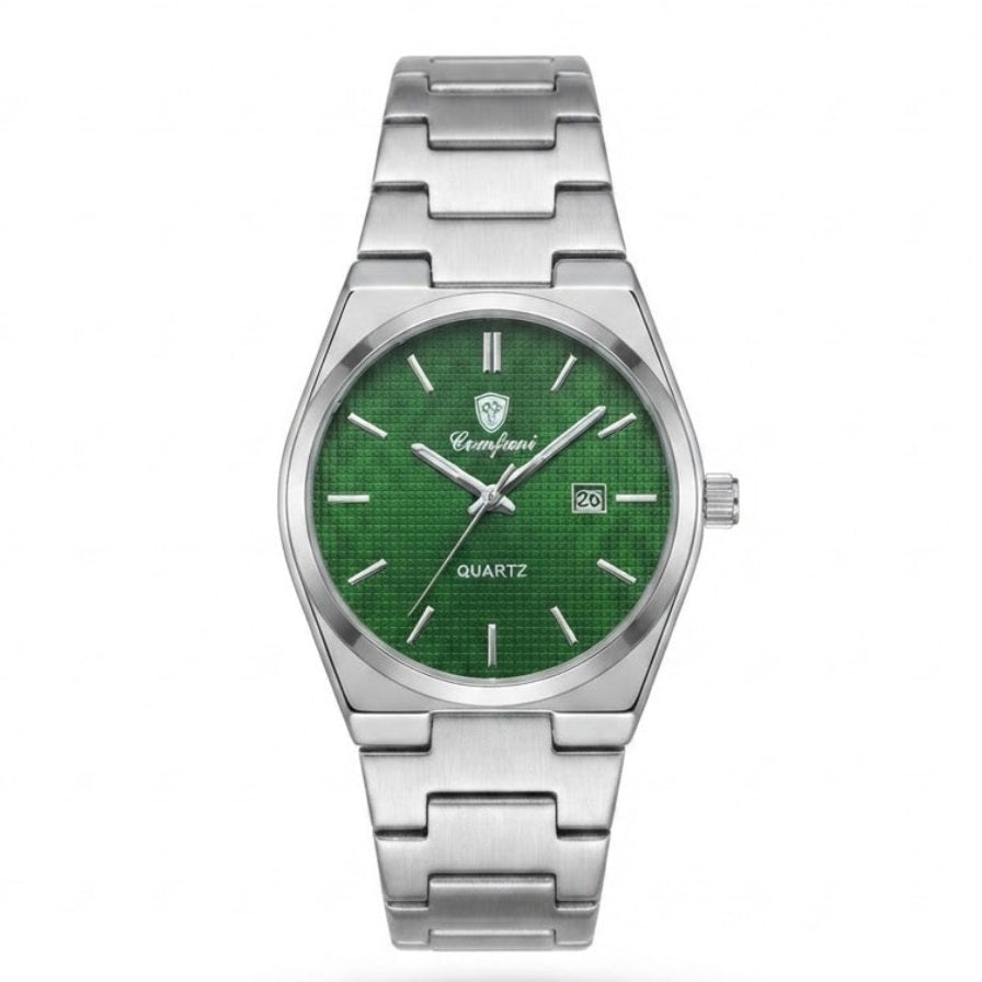 Stainless steel quartz wristwatch with green dial and metal link bracelet