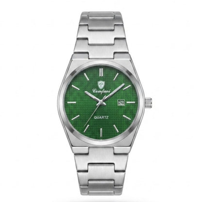 Stainless steel quartz wristwatch with green dial and metal link bracelet