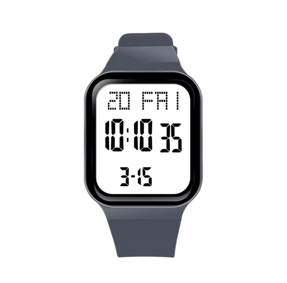 Square digital LED watch with black silicone band and bright white digits display with water droplets