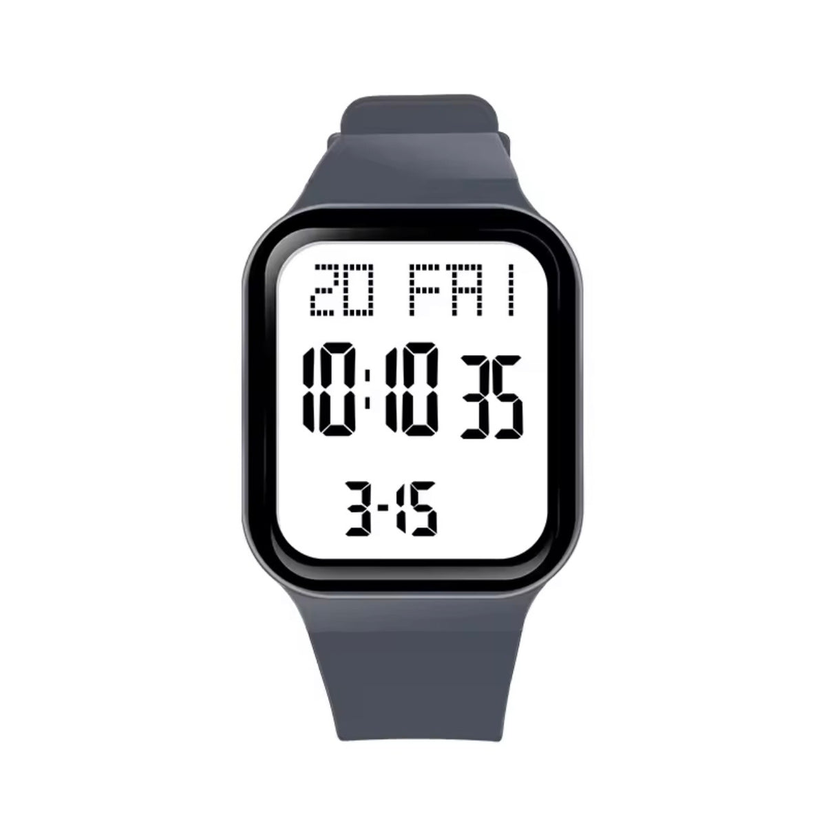 Square digital LED watch with dark gray silicone strap showing time, date, and day digits