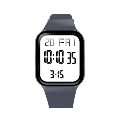 Square digital LED watch with dark gray silicone strap showing time, date, and day digits