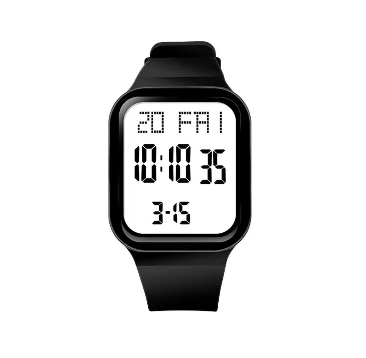 Square digital LED watch with black silicone strap showing time and date digits on white screen