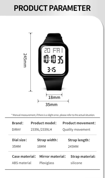 Square digital LED watch with size diagram showing case height, strap width, and strap length