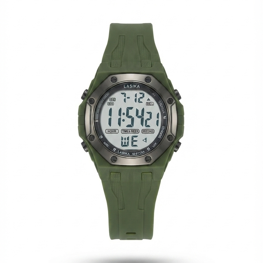 Lasika digital sports watch with black silicone band, digital time display on dark face