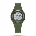 A digital sports watch by LALIMA in olive green, featuring a matching green silicone strap and a silver-toned bezel around a black digital face, shown against a plain white background.