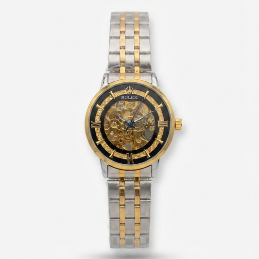 Two-tone skeleton automatic watch, black dial, visible gear skeleton hands