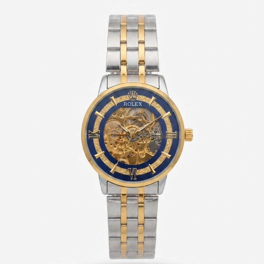 Rolex two-tone skeleton watch with a blue dial, gold-tone inner dial and crown, and a silver and gold-tone stainless steel link bracelet, shown on a light gray background.