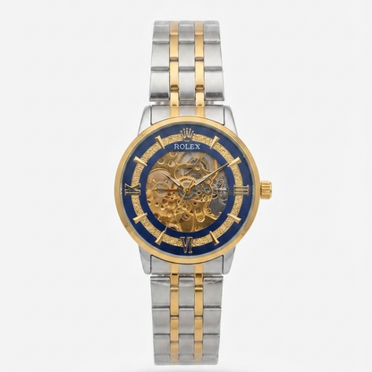 Two-tone skeleton automatic watch, blue dial, gold accents, steel bracelet