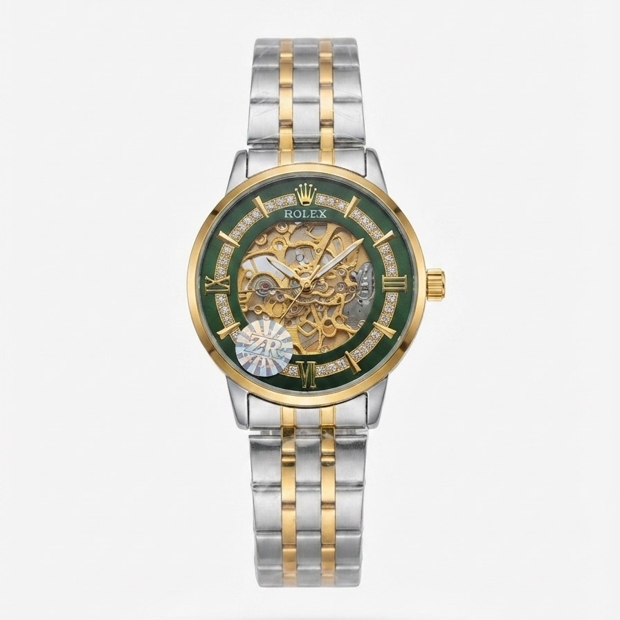 Rolex two-tone skeleton watch with a green dial, gold case details, and a silver-and-gold stainless steel link bracelet, shown on a light gray background.