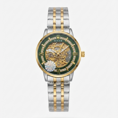 Two-tone skeleton automatic watch, green dial, gold accents, steel bracelet