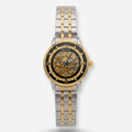 Rolex two-tone steel and gold skeleton watch with a black dial, shown on a light gray background.