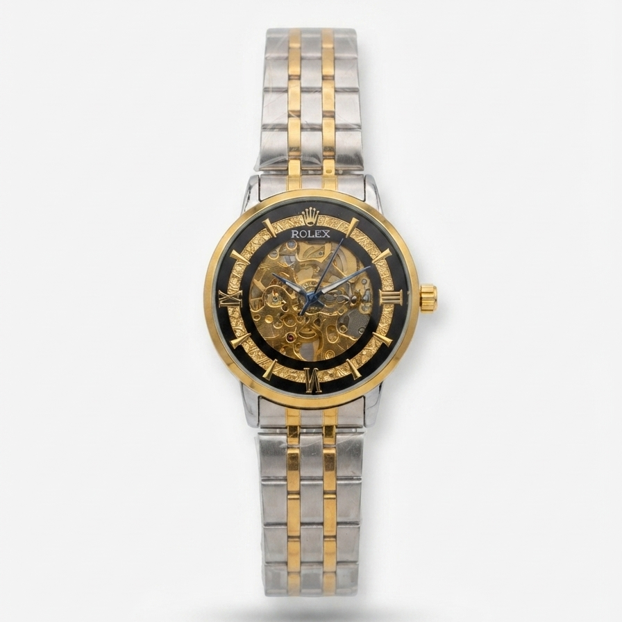 Rolex two-tone steel and gold skeleton watch with a black dial, shown on a light gray background.