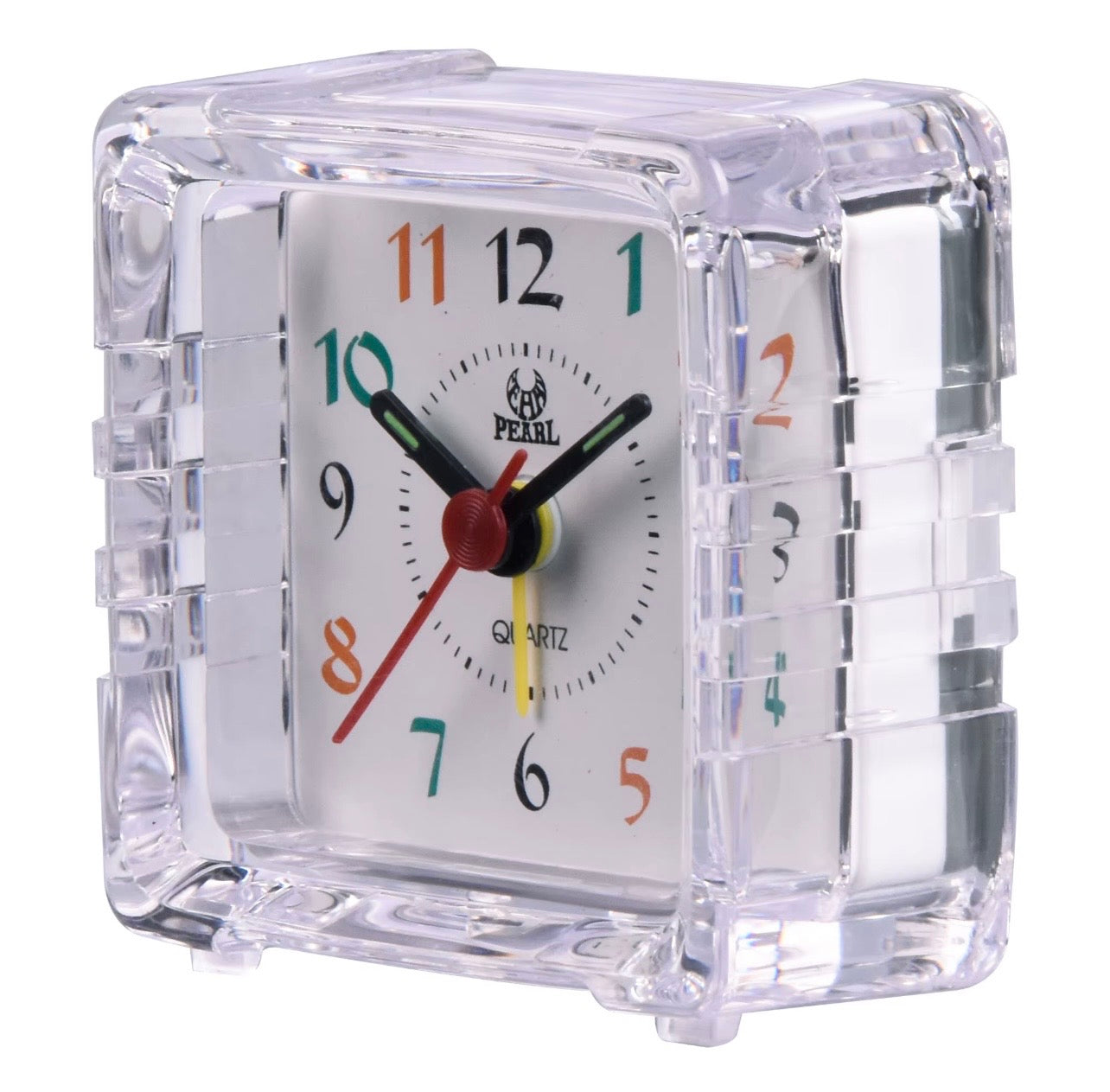Transparent mini alarm clock front view with multicolor digits and colored hands