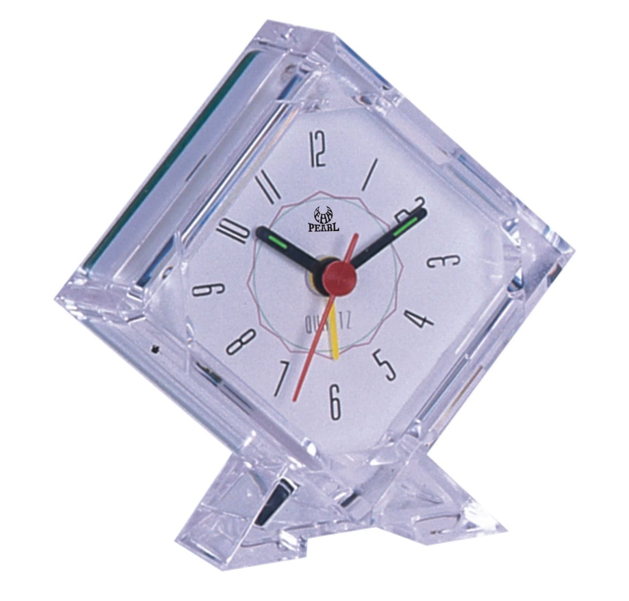 Transparent alarm clock with multicolor numerals, red second hand, and green hour hand