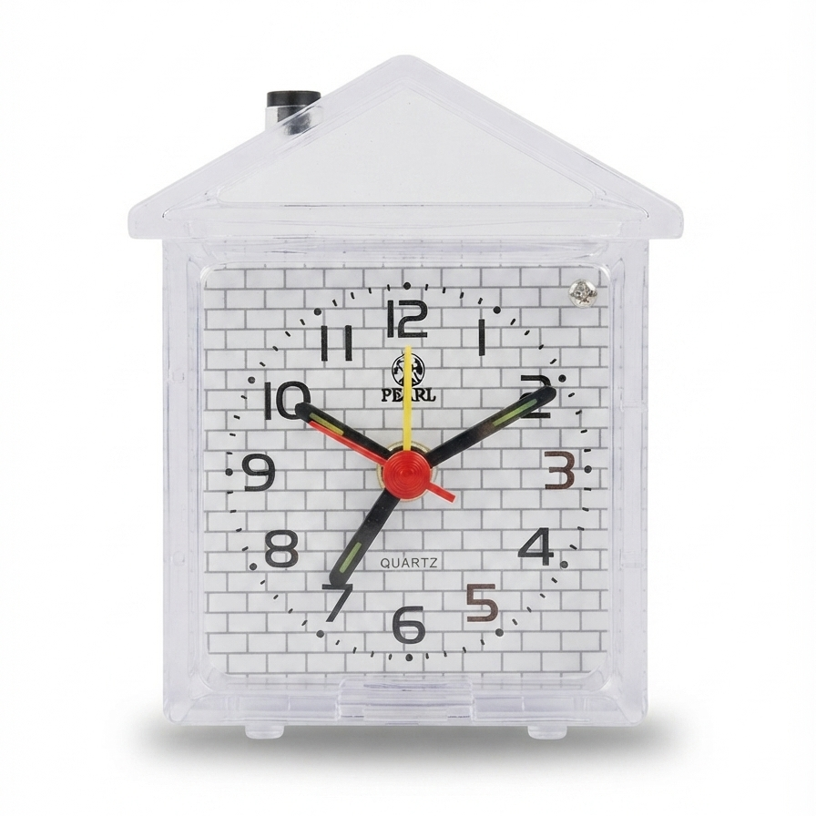 Clear house-shaped desk alarm clock with brick-style dial and multicolor hands