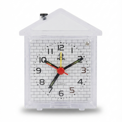 Clear house-shaped desk alarm clock with brick-style dial and multicolor hands