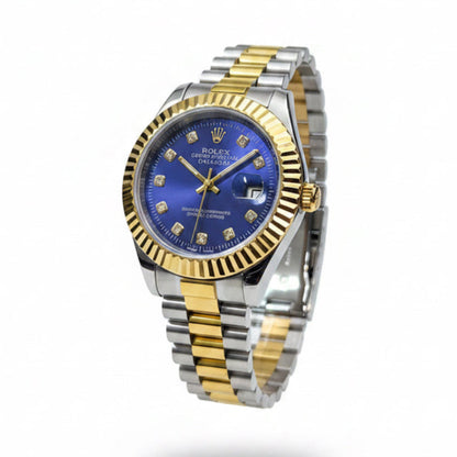 Two-tone gold and silver wristwatch with blue dial, diamond markers, gold hands, date window
