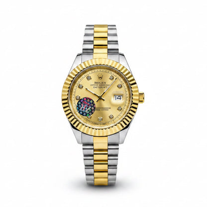 Two-tone gold and silver wristwatch with champagne dial, diamond marker, date window, bezel