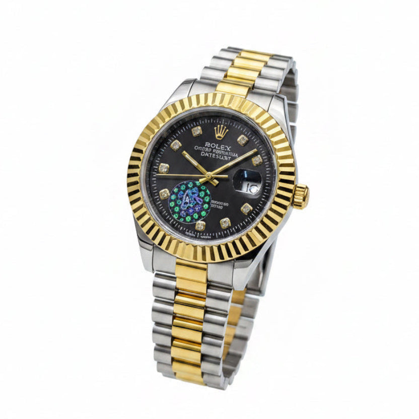 Two-tone gold and silver luxury wristwatch with black dial, diamond markers, date window
