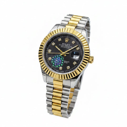 Two-tone gold and silver luxury wristwatch with black dial, diamond markers, date window