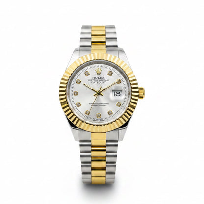 Two-tone gold and silver watch with white dial, gold hour markers, round bezel, date display