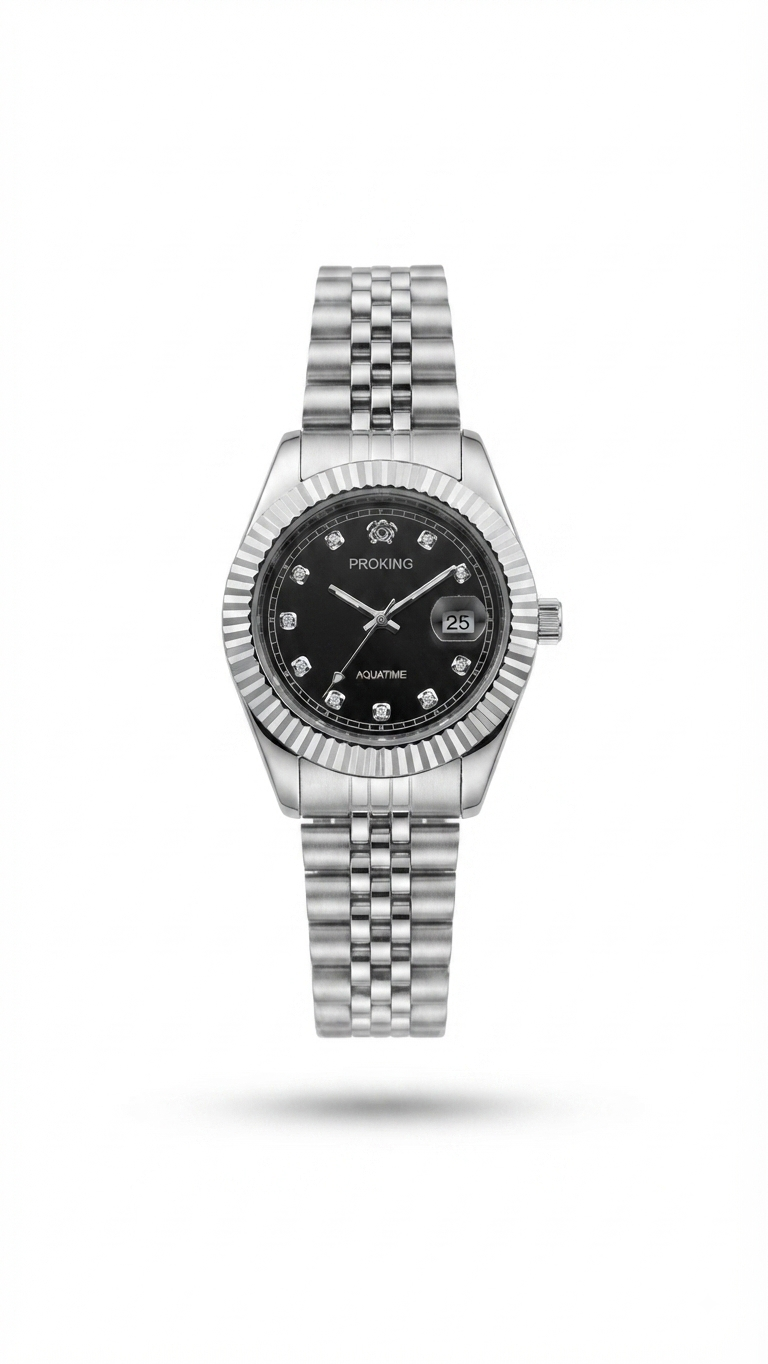 Gold-and-silver dress watch with fluted bezel, black dial, metal bracelet