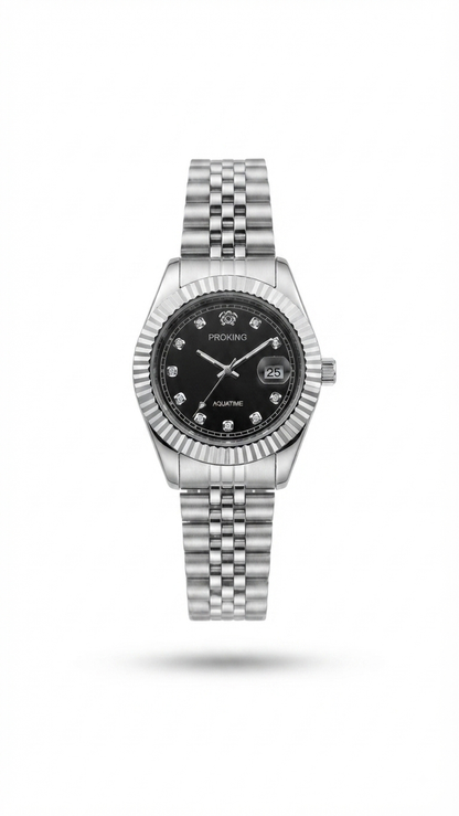 Gold-and-silver dress watch with fluted bezel, black dial, metal bracelet