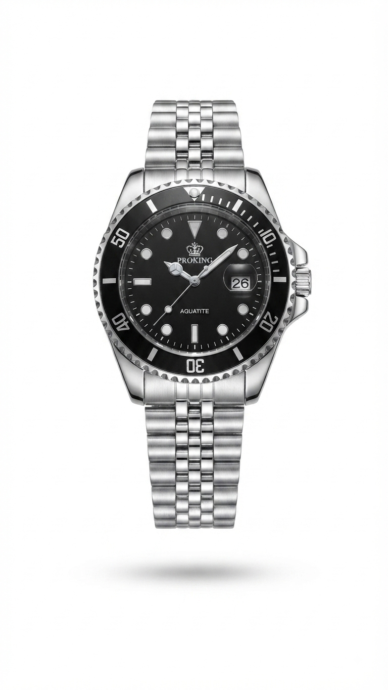 Stainless steel diver watch with black dial, black bezel, steel bracelet