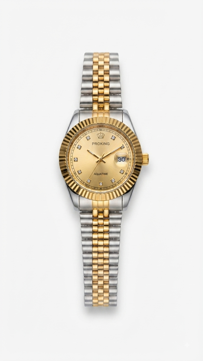 Two-tone dress watch with fluted bezel, gold dial, gold and silver metal bracelet