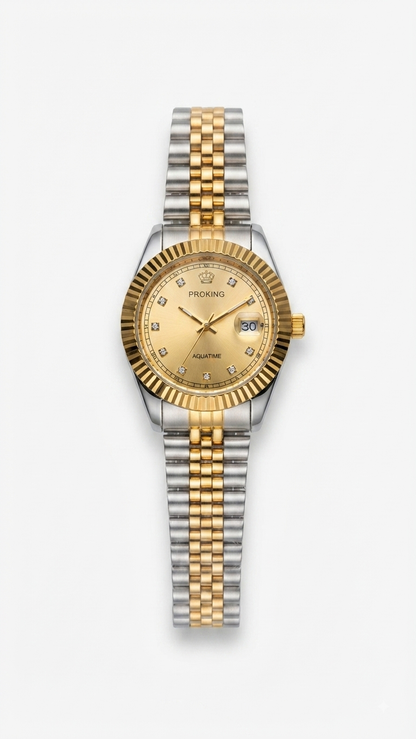 Two-tone dress watch with fluted bezel, gold dial, gold and silver metal bracelet