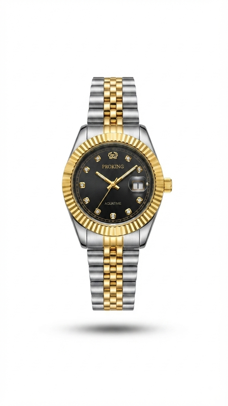 Two-tone dress watch with fluted bezel, black dial, gold and silver metal bracelet