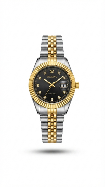 Two-tone dress watch with fluted bezel, black dial, gold and silver metal bracelet