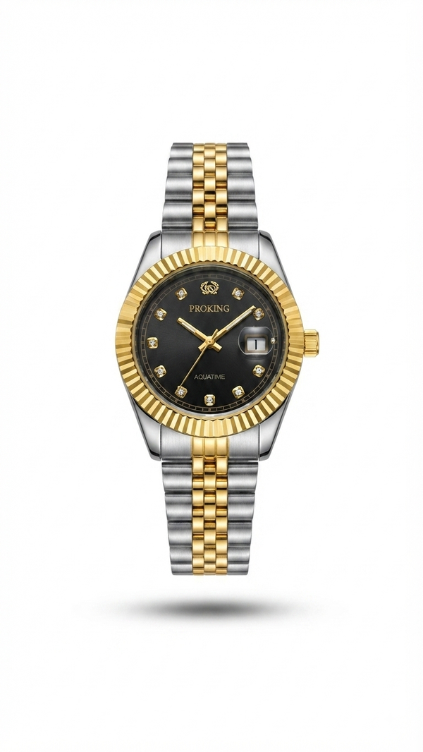 Proking Aquatime Dress Watch – Fluted Bezel | Gold & Silver