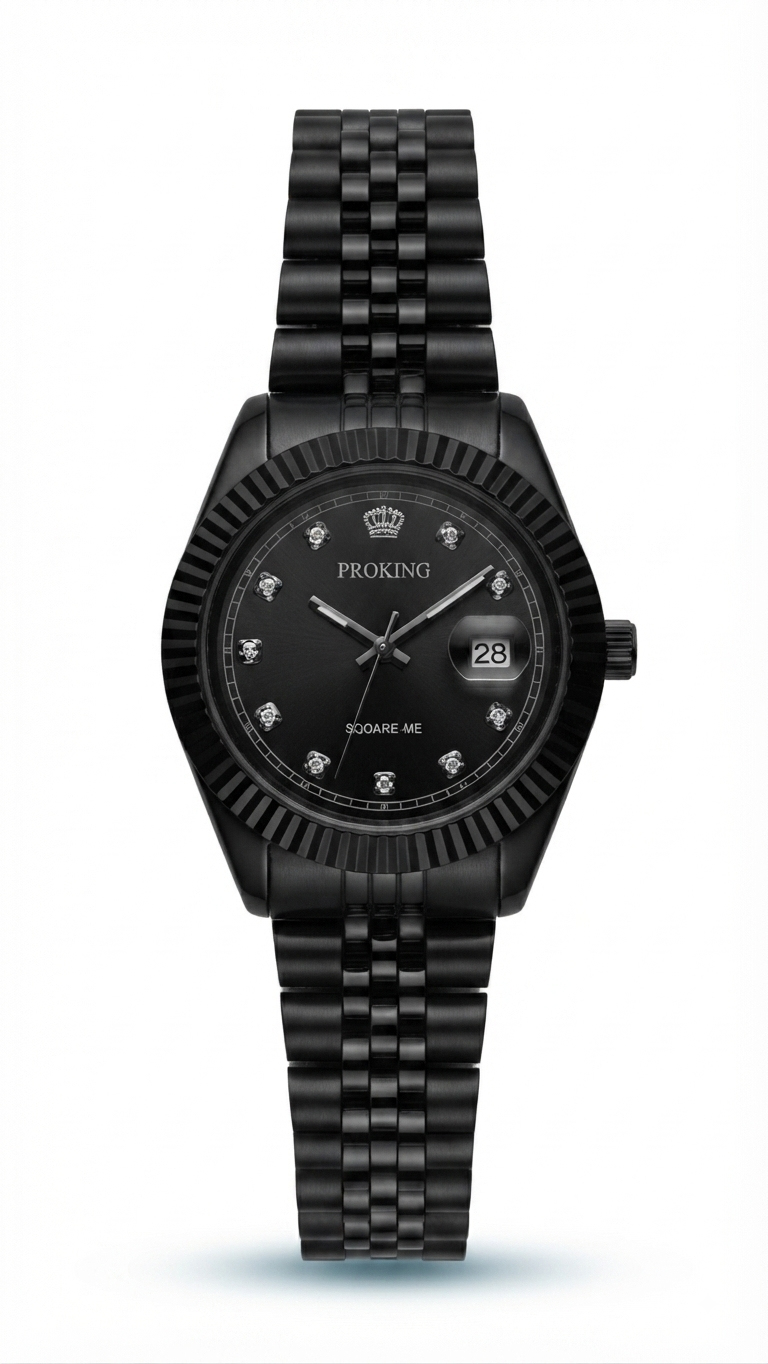 Black dress watch with fluted bezel, dark dial, black metal bracelet