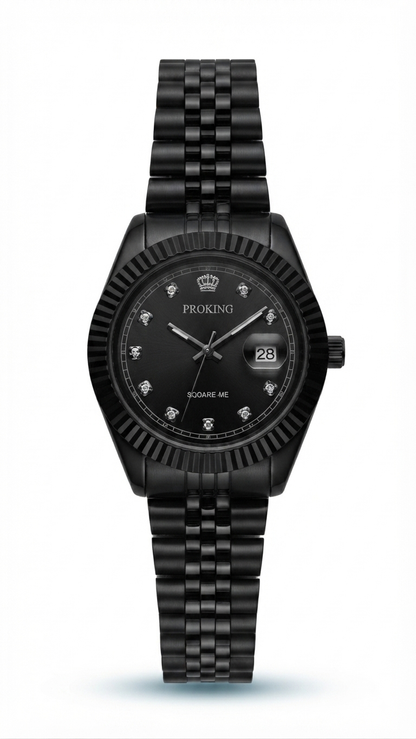 Black dress watch with fluted bezel, dark dial, black metal bracelet